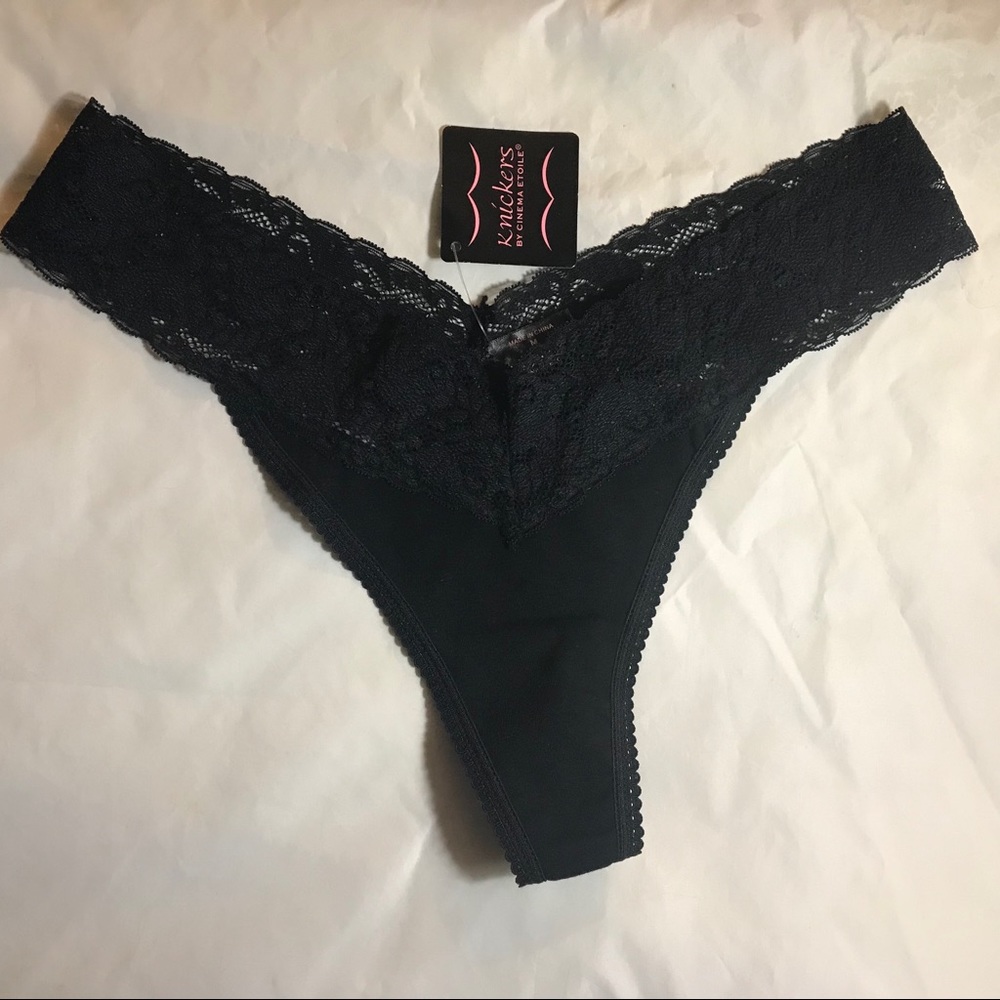 NWT - Knickers Brand Lacey Black Thong Sz Medium
